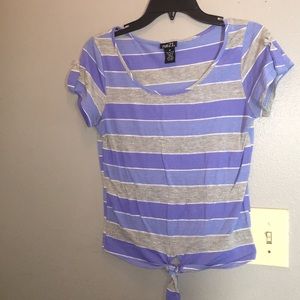 Purple and gray striped shirt with tie